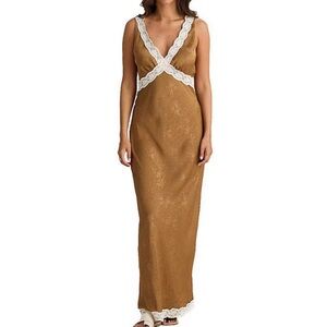 Talisman Luca Silk Jacquard V-Neck Sleeveless Lace Slip Maxi Dress